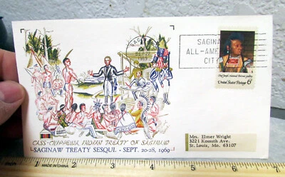 Vintage USA stamp cover envelope, Chippewa Indian Treaty of Saginaw, 1969 - Image 1 of 3