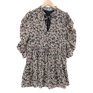 Tart Floral Mini Dress Black Multicolor 3/4 Sleeve Pleated Keyhole Neck Size XS - Picture 1 of 12
