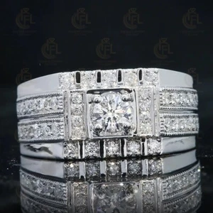 1.6Ct Round Cut Moissanite Men's Halo Bar Engagement Ring 14k White Gold Plated - Picture 1 of 8