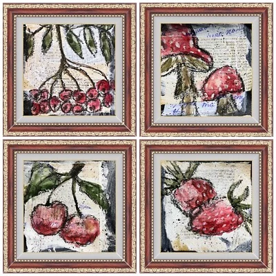 Conjunto de Arte Original Marco Pintura Lote 4 Piezas Acuarela Fruta Baya Pintura Pack Foto 1 de 4