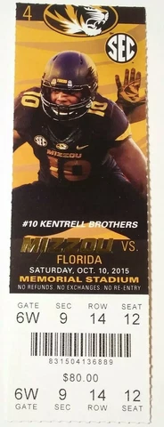 2015 Missouri Tigers Florida Gators Football Full Ticket Stub Cover
