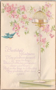 Vintage Postkarte - Geburtstagsfreude - blauer Vogel - Vogelhaus - Blumen - Bild 1 von 2