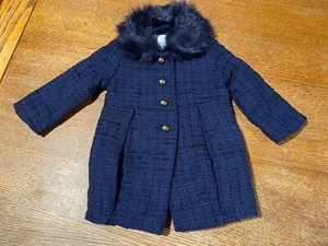 JANIE & JACK GIRLS’ FAUX FUR COLLAR BOUCLÉ COAT SIZE 6-12 Months Navy Gold - Picture 1 of 8
