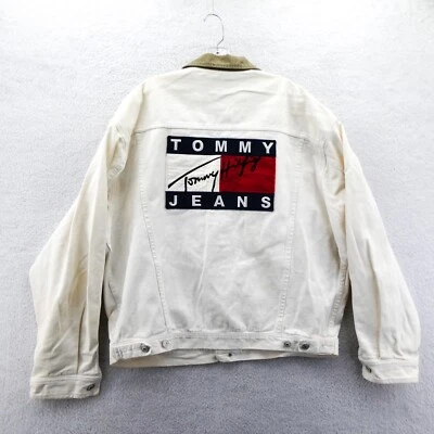 Vintage Tommy Hilfiger Jean Jacket Mens XL White Button Up Big Patch Flag Denim - Image 1 of 4