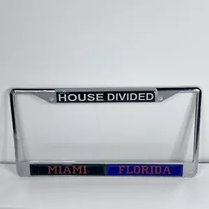 FLORIDA GATORS/ MIAMI HOUSE DIVIDED CHROME LICENSE/TAG PLATE FRAME 6" X 12" NEW - Picture 1 of 3