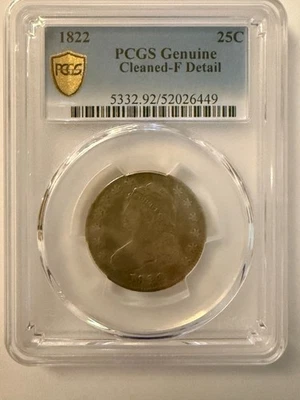 1822-P PCGS Gold Shield Capped Bust Quarter  - Cleaned - F Detail 89% Silver! - Image 1 of 4
