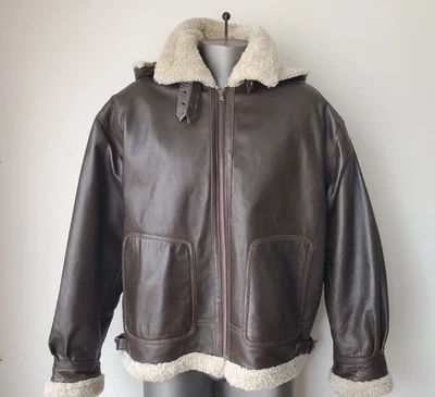 Abrigo de vuelo con capucha de aviador forrado Sherpa bombardero de cuero Wilson vintage para hombre L Foto 1 de 4