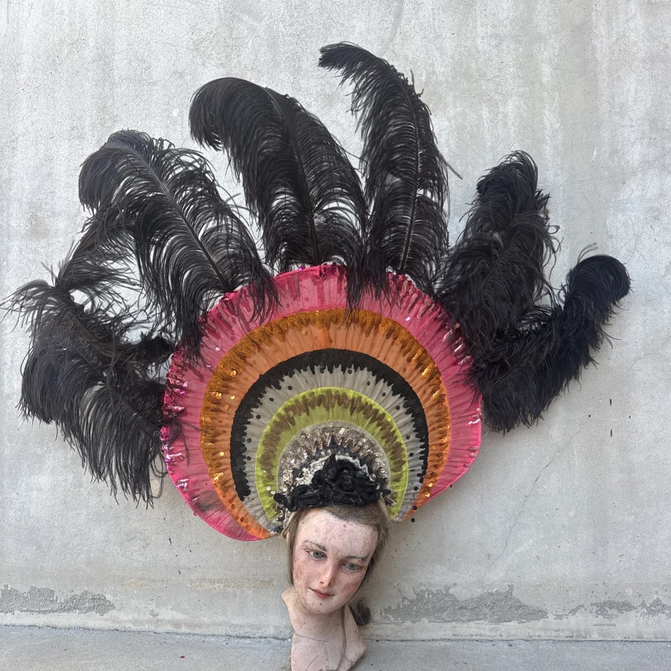 Vintage 1930s Sequin Mesh & Feather Headpiece Hat Showgirl Burlesque Beaded - Image 1 of 4