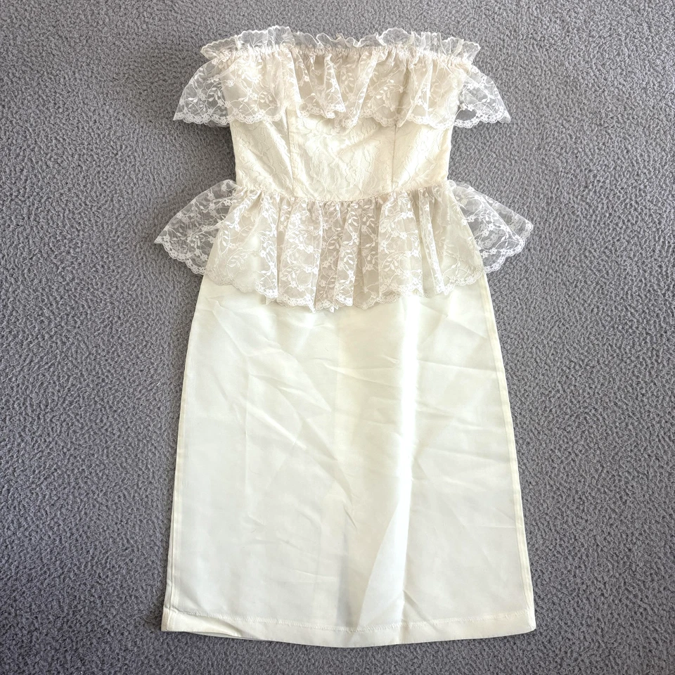 Vintage Jolie Madame Dress Small Cream Lace Peplum Ruffled Strapless Formal 80s - Image 1 of 4