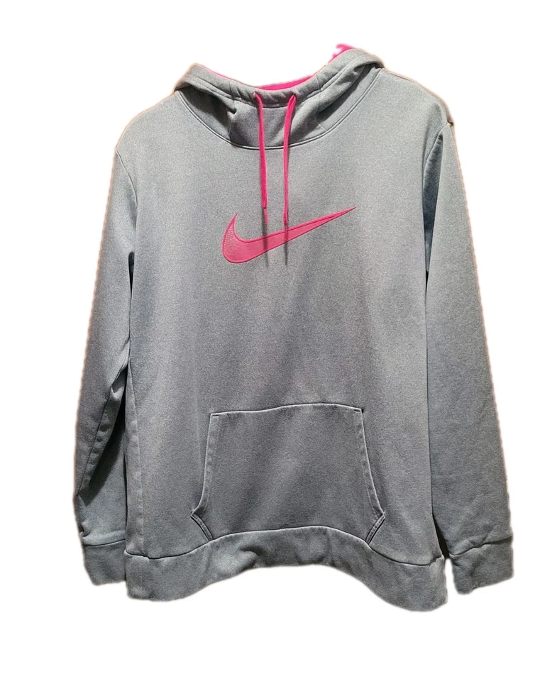 Nike Hoodie Womens XL Gray Pink Center Swoosh Drifit Pullover Sweater Sweatshirt - Image 1 of 4