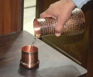 Copper Carafe with Cup/Lid, Bedside Water Pitcher, Hammered Copper Water Bott... - Picture 1 of 9