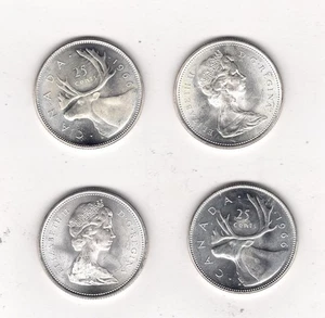 CANADA 1966 SILVER Quarters (x4), FOUR 80% Silver Coins, Uncirculated - KM # 62 - Picture 1 of 2