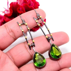 Peridot 925 Sterling Silver Black And Gold Rhodium Plated Earring 2.42 Sku29 - Picture 1 of 2
