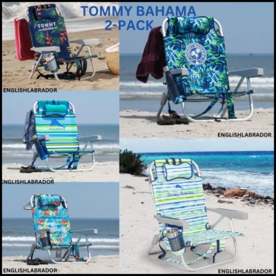 Paquete de 2 sillas de playa Tommy Bahama reclinables planas, correas para mochila, almacenamiento NUEVO Foto 1 de 4