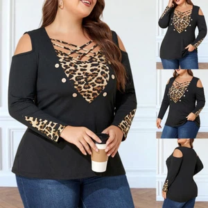 Plus Size Womens Leopard T-Shirt Tee Cold Shoulder Long Sleeve Tunic Tops Blouse - Picture 1 of 18