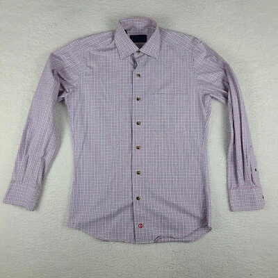 Camisa de vestir David Donahue para hombre pequeña azul roja a cuadros algodón abotonada Foto 1 de 4
