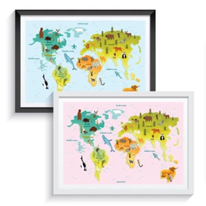 Poster o incorniciato decorazione arte parete stampa mappa mondo animali asilo bambini A3 A4 - Foto 1 di 12