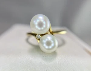 Vintage 14k Yellow Gold Round Diamond White Cultured Double Pearl Cocktail Ring - Picture 1 of 5