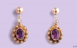 Sweet 14k Gold Pierced Drop Earrings Genuine Diamonds, Simulated Amethyst - Picture 1 of 5