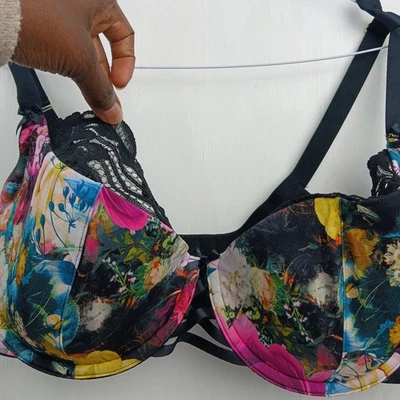 Lane Bryant Lightly Lined French Balconette Underwire Black Floral Bra 40DDD - Image 1 of 4