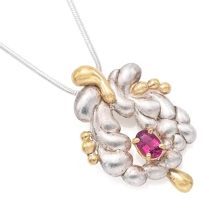 Vintage Sterling Silver & 18k Yellow Gold Pink Tourmaline Pendant Necklace 18" - Picture 1 of 5