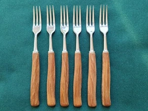 Tenedor de postre vintage con mango de madera Sanenwood x 6 acero inoxidable mediados de siglo - Imagen 1 de 4