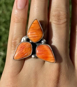 Jimmy Garcia Sterling Silver Orange Spiny Oyster Adjustable Ring. Navajo - Picture 1 of 12