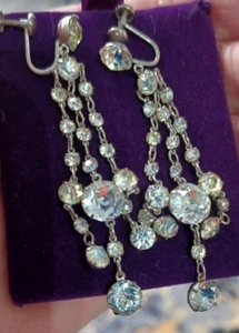 Vintage Sterling Silver Prong Set Rhinestone Earrings Art Deco Chandelier Dangle - Picture 1 of 10