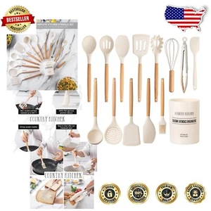 Luxurious 14 Piece Non Stick Silicone Utensil Set with Elegant Wooden Handles - Picture 1 of 9