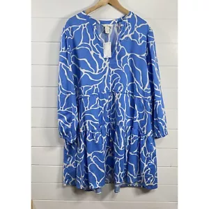 H&M Womens Floral Tiered Oversized Midi Dress sz XL Blue NWT Resortwear Tropical - Picture 1 of 13