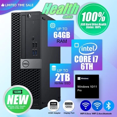 DELL Desktop Computer PC i7,Up to 64GB RAM, 2TB m.2 SSD,  Windows 11/10, WiFi - Image 1 of 4