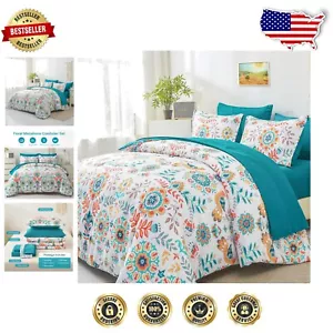 All-Season Soft Microfiber King Comforter Set - Vibrant Teal Floral Pattern - Picture 1 of 9