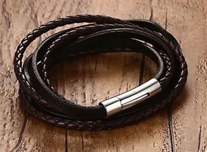 {Unisex Brown Braided Leather Wrap Bracelet Stainless Steel Clasp 55cm NEW - Picture 1 of 2