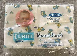 2 Vintage Sealed Curity Baby Receiving Blankets 30 x 40 Blue Yellow NIP NOS - Picture 1 of 15