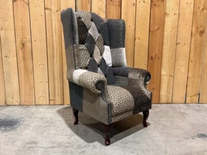 HANDMADE UNIQUE CREAM, BEIGE VELVET PATTERNED CHESTERFIELD WING CHAIR, HIGH BACK - Picture 1 of 7