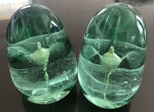 2x Antique 19th Century Victorian Green Glass Dump Smaller Paperweights Flower - Picture 1 of 18