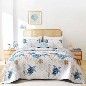 Coastal Quilts Bedding Set Twin Size - Summer Sea Turtles Nautical Bedding Quilt - Picture 1 of 7