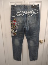 Ed Hardy Denim Jeans Embroidered NYC Skull Eagle Y2K print NWOT Sz 34