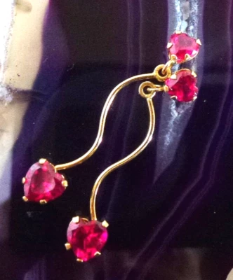 14K Solid Yellow Gold Lab Created Heart Shaped Ruby Dangle Stud Earrings - Image 1 of 3