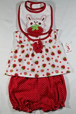 NIÑAS 3/6 Meses 3 Piezas Conjunto (Top Bloomer Babero) Conejo Fresa Fisher-Precio Foto 1 de 4