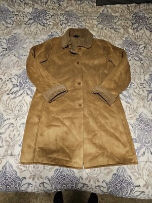 Lands End Coat Women's L 14-16 Faux Suede Sherpa Shearling Long Winter Jacket - Image 1 of 4