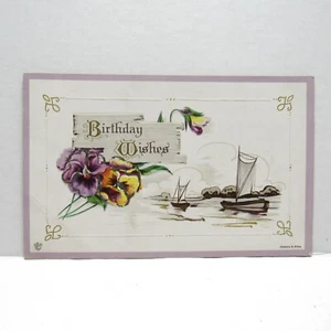 Postcard Vintage 1916 Birthday Wishes Sailboats Flowers Purple Yellow Orange - Picture 1 of 2