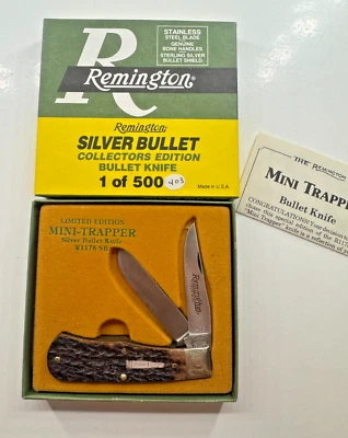 Cuchillo bala de plata Remington R1178 SB Mini Trapper-1991-hueso-grabado-USA-eb Foto 1 de 4
