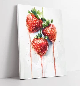 WATERCOLOUR PAINTING OF JUICY STRAWBERRIES -FRAMED CANVAS WALL ART PICTURE PRINT - Picture 1 of 2
