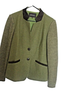 Womans Lafayette 148 New York Green & Black Wool Alpaca Jacket W Leather Trim 12 - Picture 1 of 3