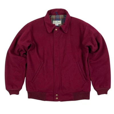 VTG LL Bean Maroon Wool Bomber Jacket Plaid Lining USA Made FLAWS Size M - Image 1 of 4