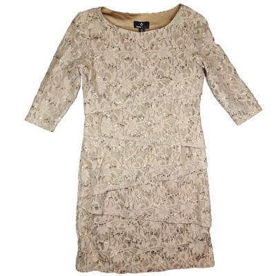 Vestido Ronni Nicole para mujer 14 beige dorado encaje lentejuelas funda en capas cóctel fiesta Foto 1 de 4