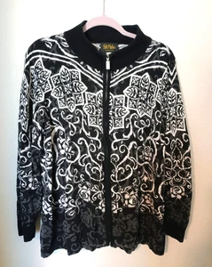 Bob Mackie Wearable Art Baumwollmischung schwarz weiß Druck durchgehender Reißverschluss Pullover 1X - Bild 1 von 4