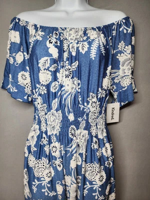 Anthropologie Kindred M Blue Floral Dress Elastic waist On Off the shoulder - Image 1 of 4