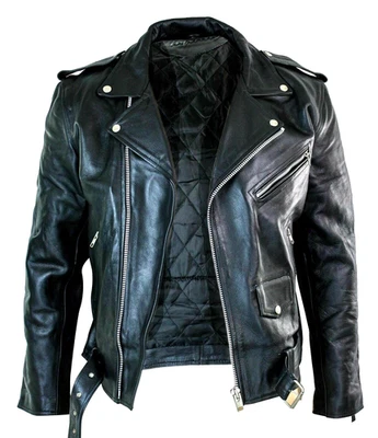 Men's Motorcycle Leather jacket Genuine Buffalo Skin Brando Style Black Biker - Image 1 of 4